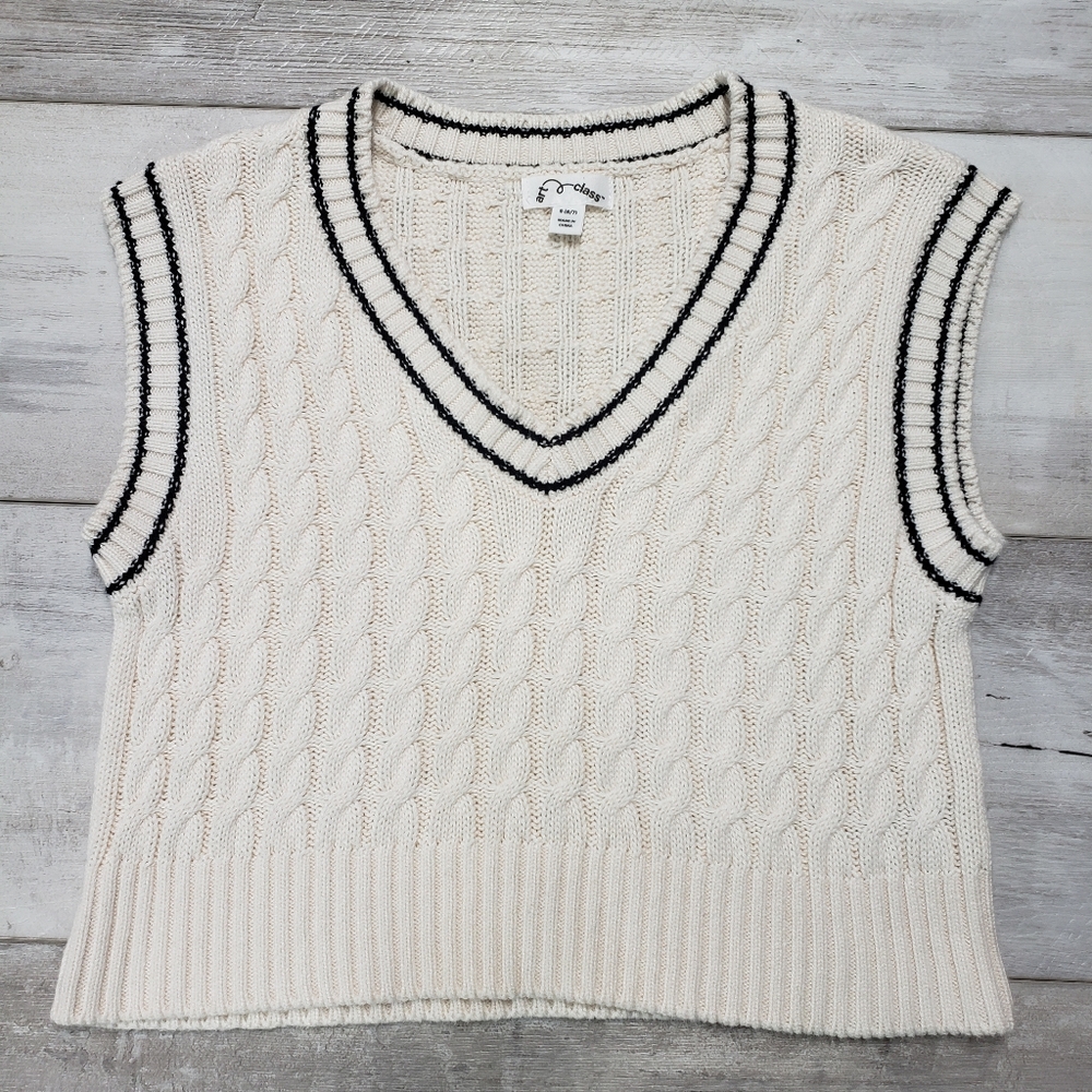 Womens Cable Knit V-Neck Sweater Vest Cream Black Small Tennis Prep Country Club